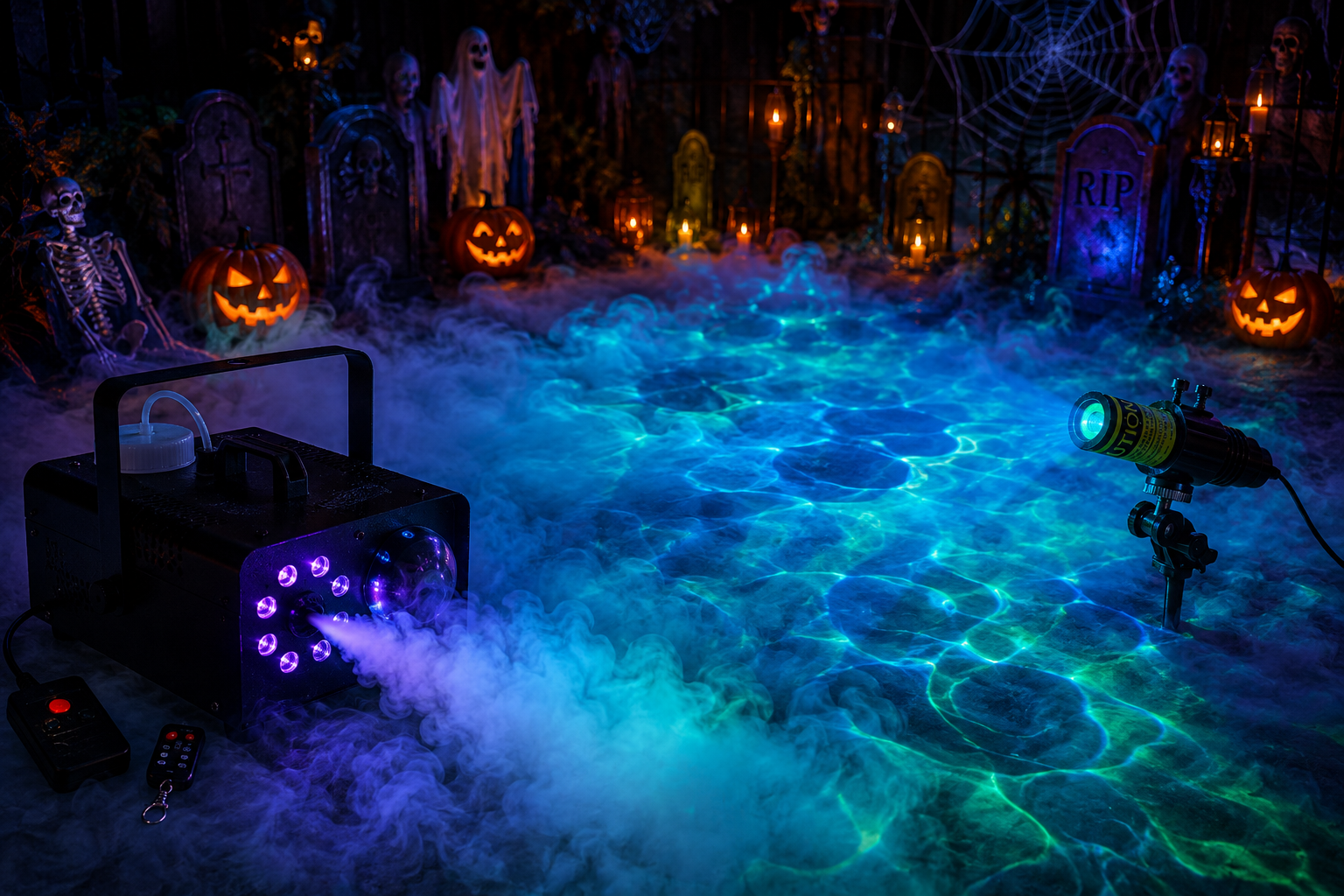 Halloween scene illuminated by fog and effect lighting