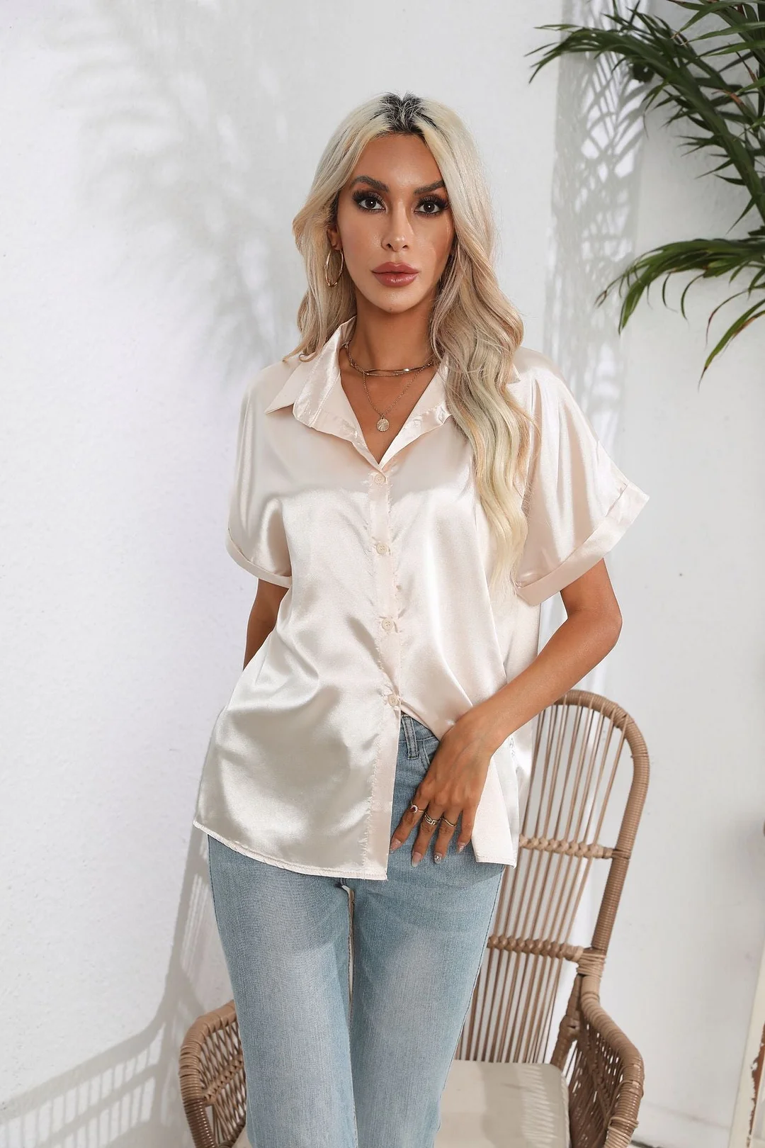 Uveng New Satin Short-sleeved Shirt Clothes Blouses