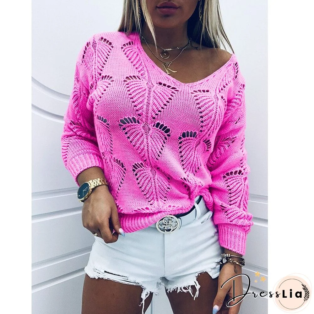 Women's Vintage Sweater Autumn And Winter New Solid Color V-neck Hollow Out Loose Knit Sweater Pull Over Sweater Women
