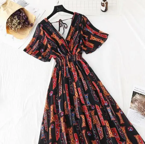 2020 Slim V Neck Summer Midi Long Dress Vestido Party Short sleeve Chiffon dress Women Casual Elegant print A-Line Vestidos
