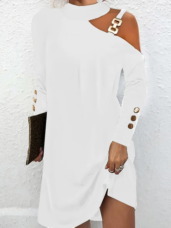 Hollow Buttoned Buckle Asymmetric Loose Long Sleeves Round-Neck Mini Dresses