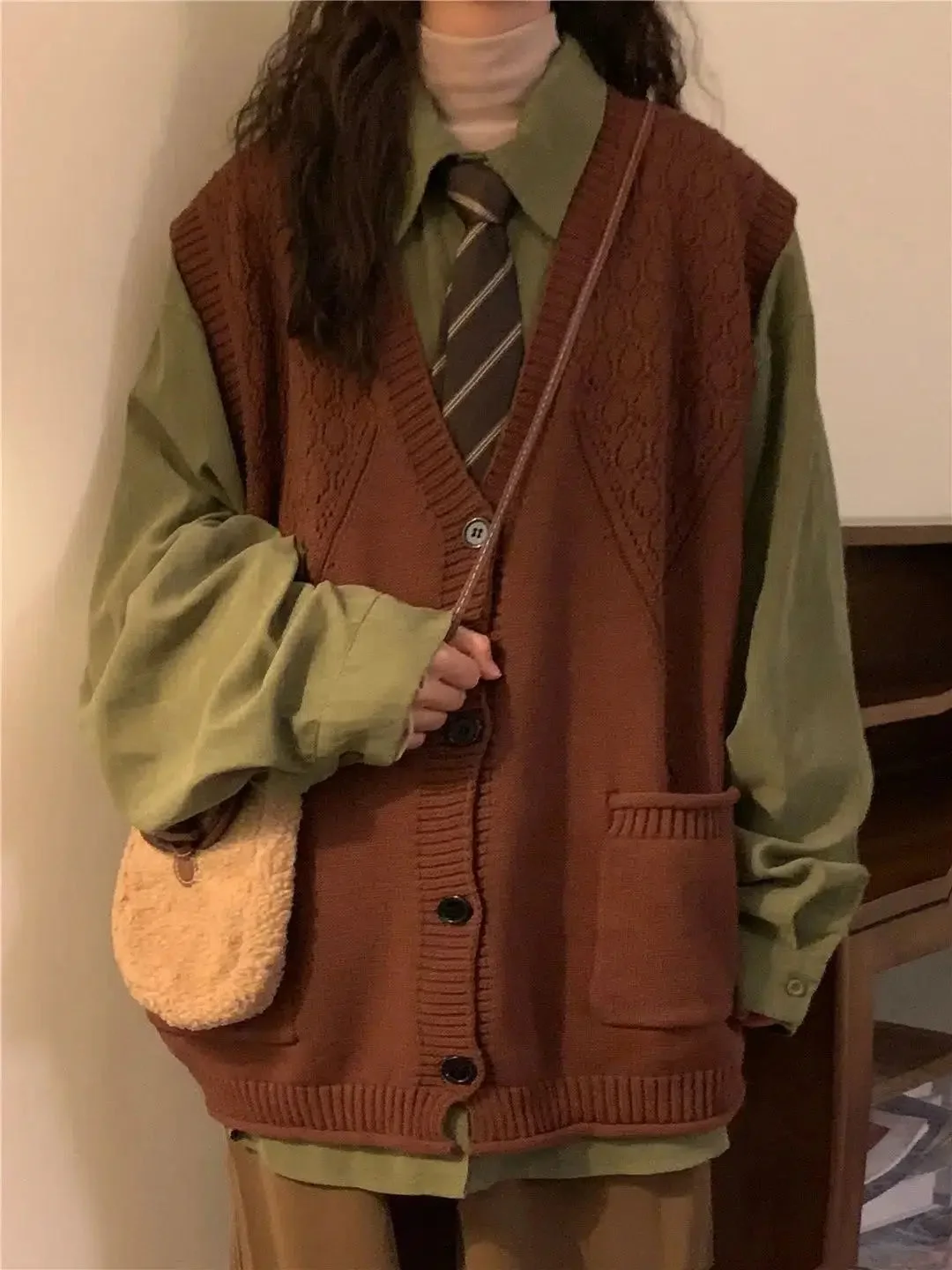 Brownm Academia Deep V-Neck Sleeveless Cardigan
