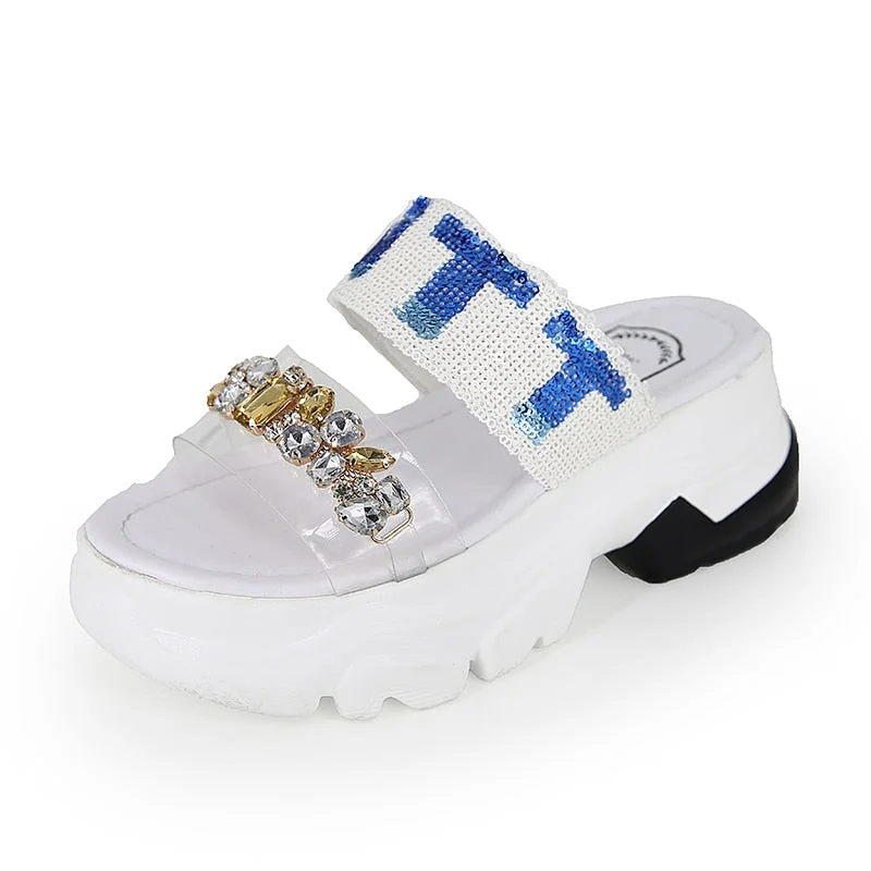 Lucyever New Summer Sandals Fashion Crystal Flat Heels Shoes Slingback Ladies Platform Shoes Woman Rhinestoe Beach Slides 2020