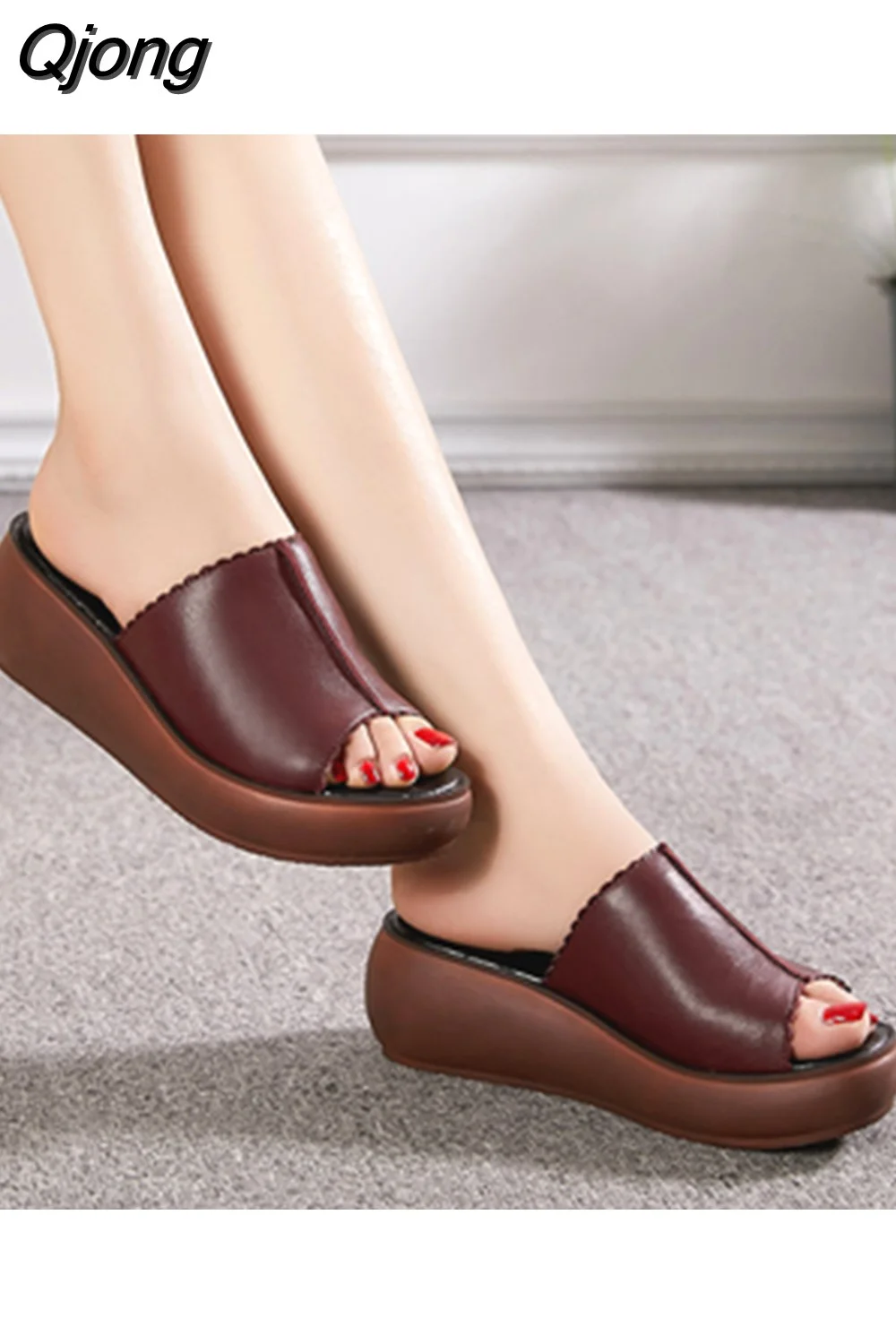 Qjong Women Slipper's 2023 Ladies Summer Slippers Shoes Women Wedges Heels Fashion Summer Genuine Leather Shoes Platform