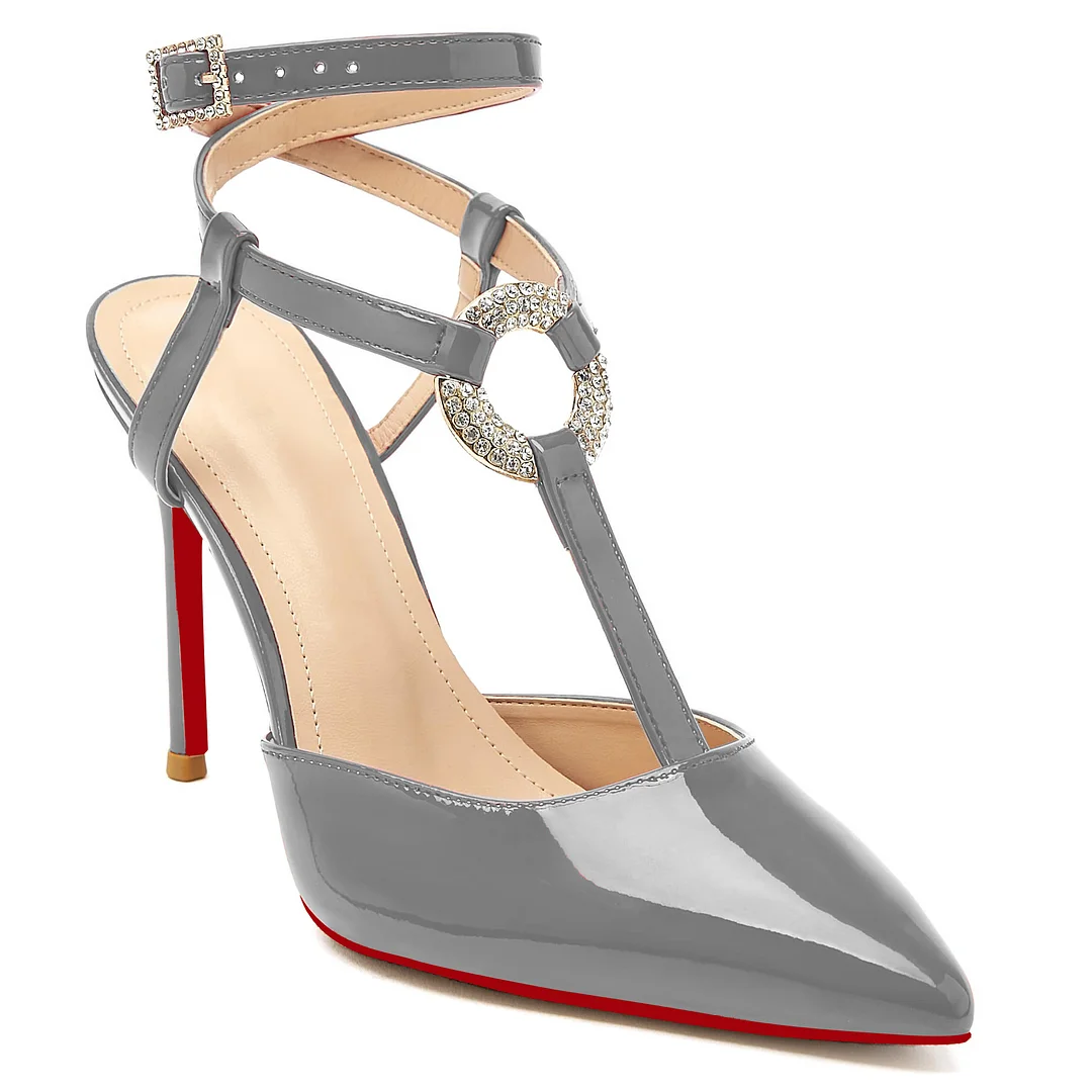100mm Women Slingback Red Bottoms  Pumps Ankle Strap Jenlove Stiletto High Heel Diamond Close Pointed Toe Dress Patent Shoes-MERUMOTE