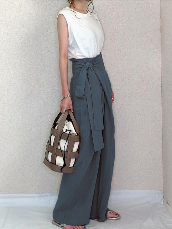 High Rise Waist Bow Tie Detail Wide Leg Pants