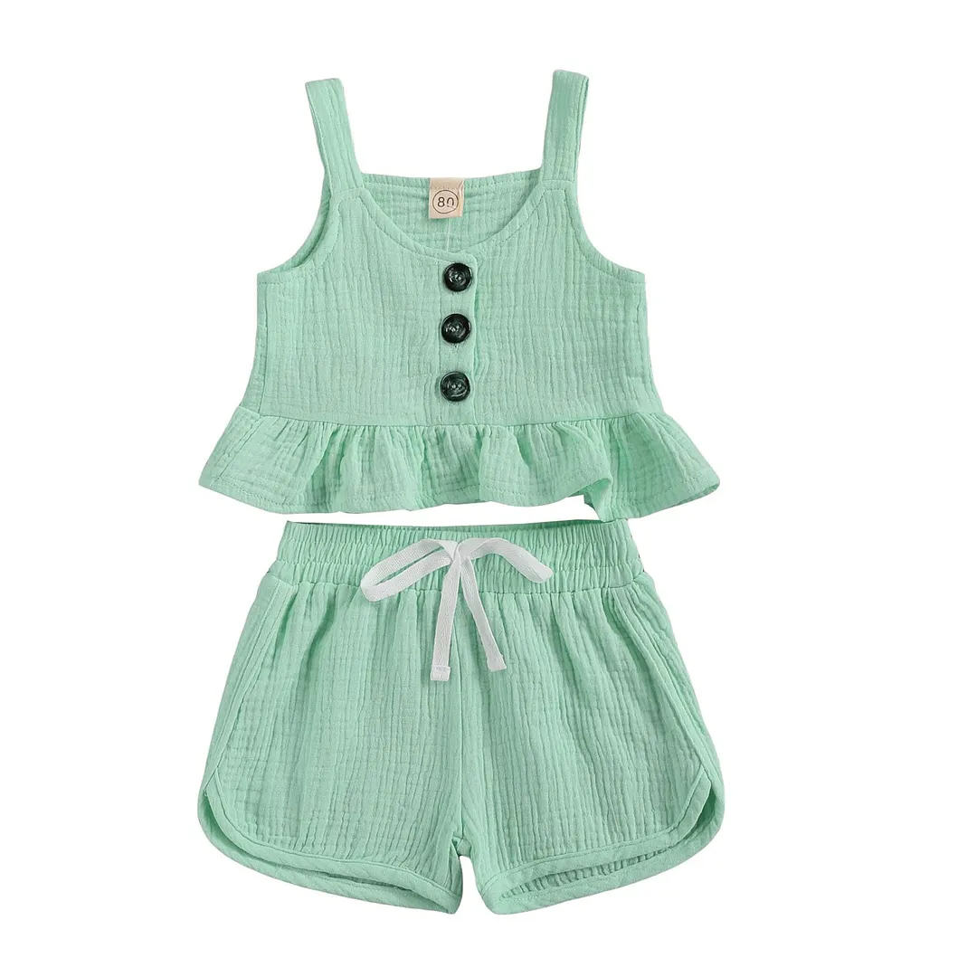 Infant Baby Girls Casual Two-piece Solid Clothes Set Solid Color Off-the-shoulder Tops + Shorts, Green/ Purple/ Pink/ Nude 6M-4T