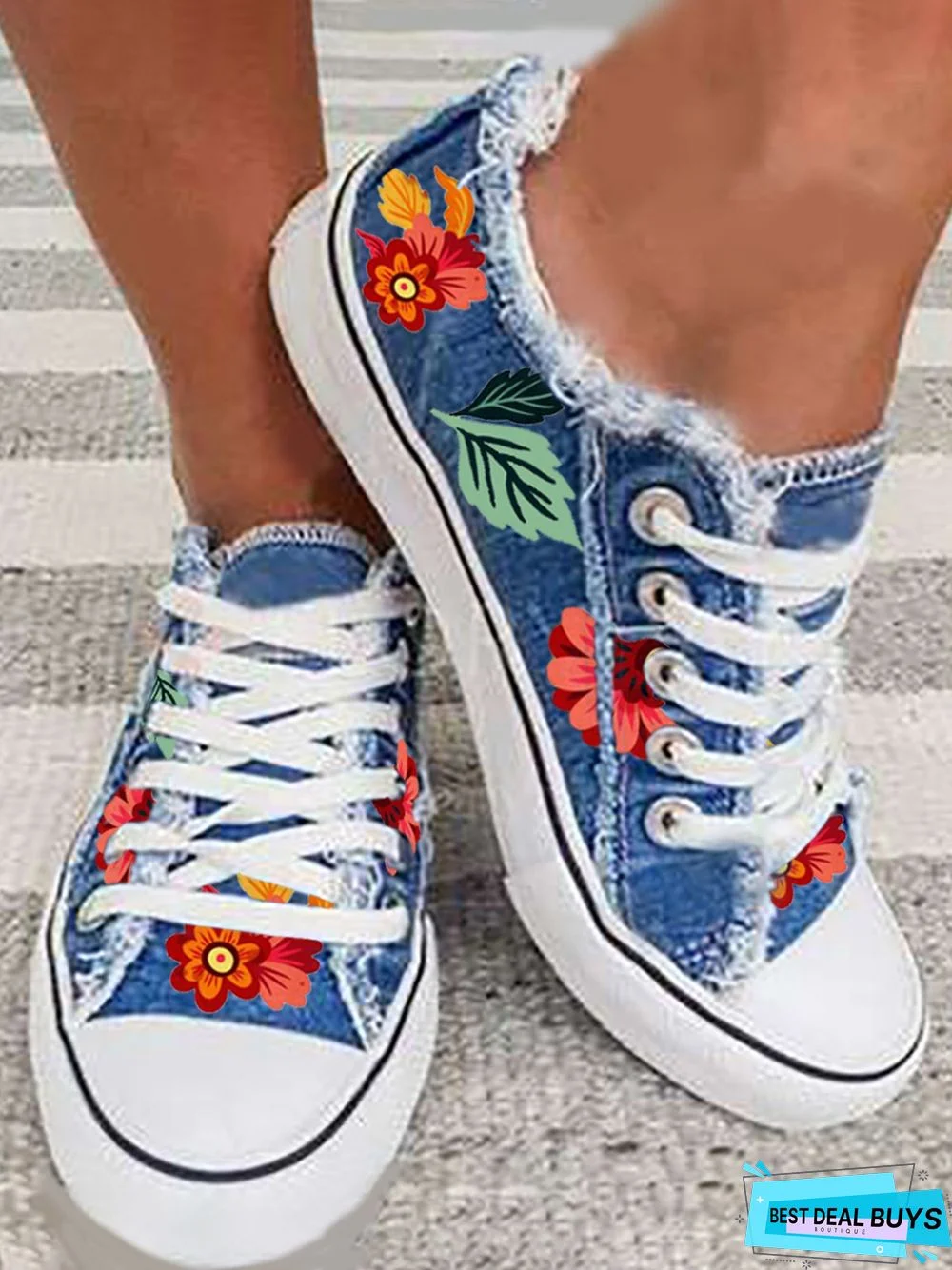 Floral Leaves Lace Up Sneakers Denim Sneakers