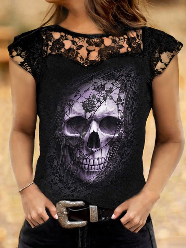 Skull Printed Lace Patchwork T-shirt