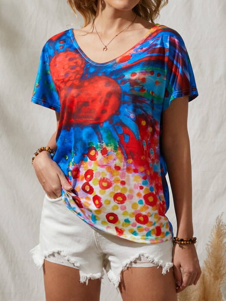 Love Painted V neck Short Sleeve Casual Women T Shirt P1848270