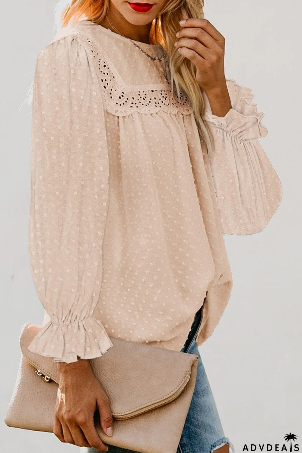 Swiss Dot Hollow Out Ruffle Sleeve Blouse