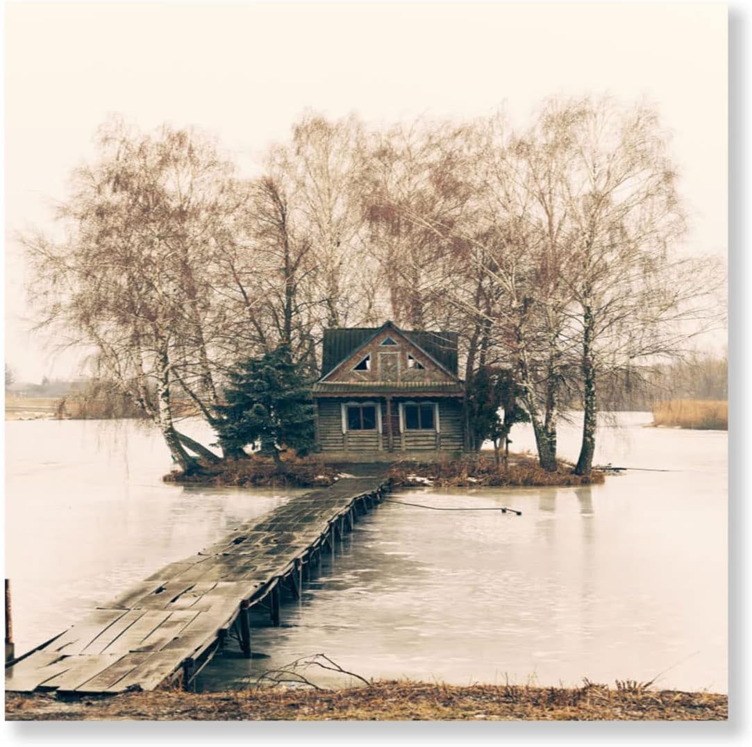 ENPAP Nature Canvas Print Artwork Wall Decor Wall Art Poster Abandoned Hunting Lodge On A Lake Canvas Prints Picture Home Office Bathroom Living Room Wall Decor 16x16 Inch 16x16 inch
