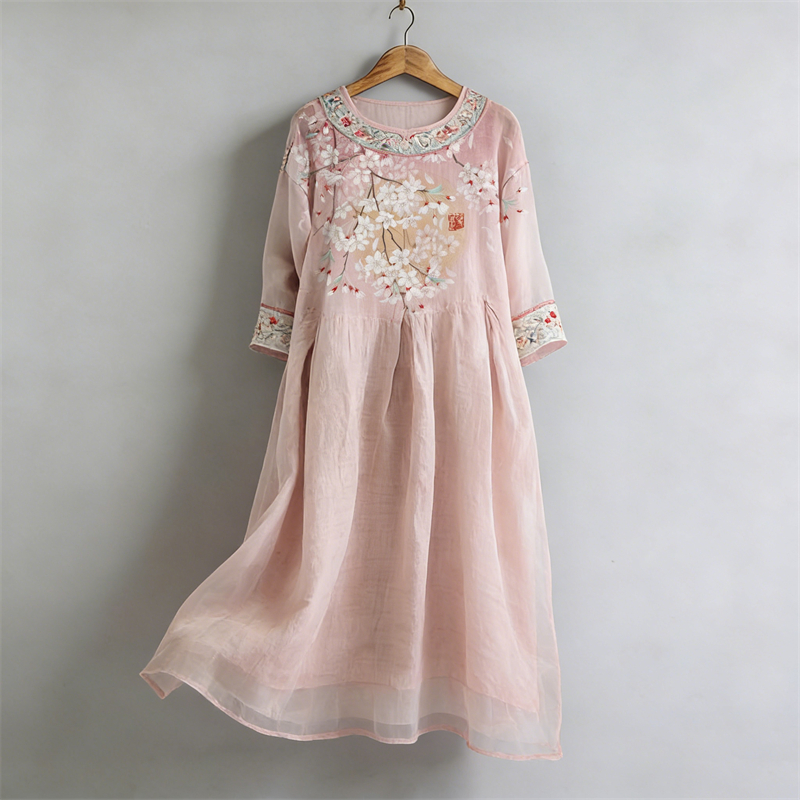 Comstylish Classy Japanese Cherry Blossom Full Moon Flowy Linen Maxi Dress