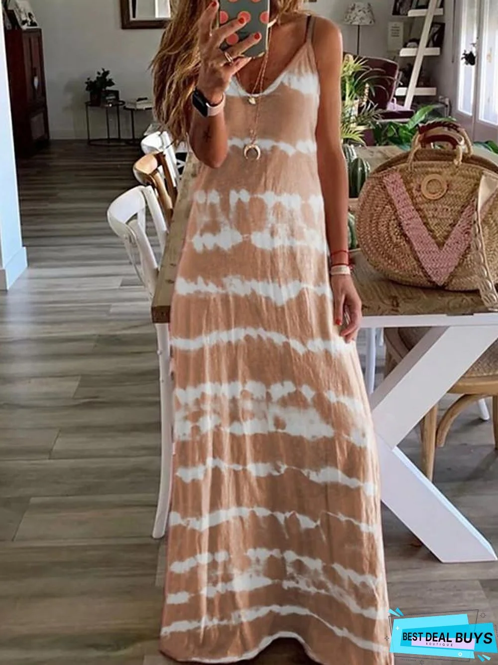 Women's Strap Dress Maxi Long Dress - Sleeveless Tie Dye Summer Hot Casual Beach Blue Purple Blushing Pink Wine Khaki Gray Light Blue