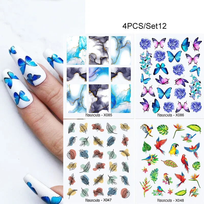 Churchf 4pcs/Set Nail Tropical Plants Stickers Watercolor Decals Colorful Leaves Flower Sliders Wraps Manicuring Nail Art Decorations