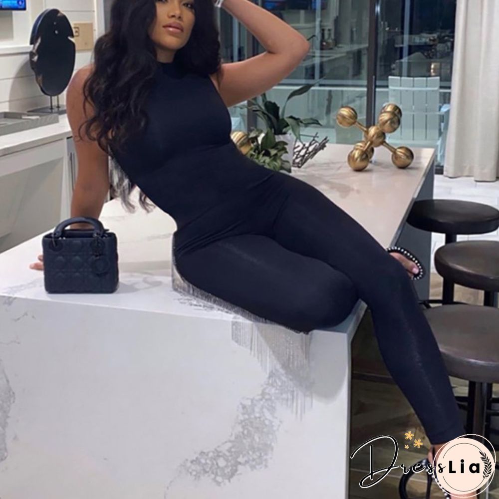 Black Jumpsuit Women Pants Elastic Casual Fitness Sporty Rompers Sleeveless Zipper Activewear Tight Summer Elegance Streetwear