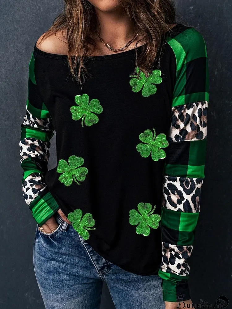 Lucky Charm Glitter Patched Green Sleeve Top