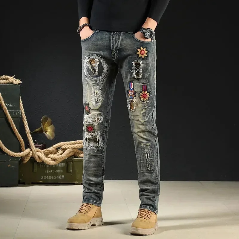 Cricsblue Men's Jeans Patch Ripped Trousers with Holes Tight Pipe Man Cowboy Pants Slim Fit Skinny Graphic Retro Broken Torn 2025 Fashion