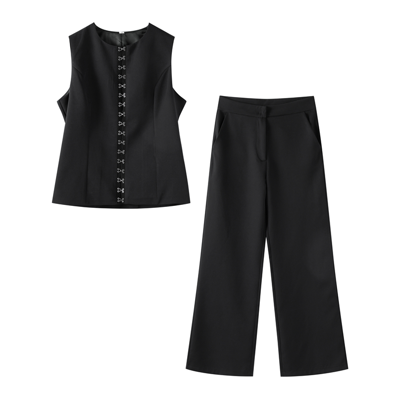 Standawon costume ideas women Women's Vest Trousers Suits Fashion Metal Buttons Square Neck Sleeveless Female Waistcoat Sets High Waist Straight Pants Outfits