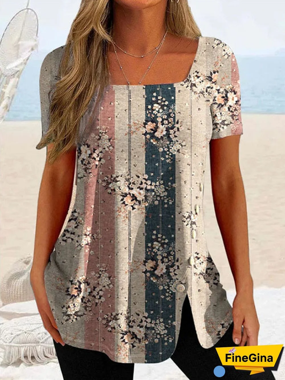 Women's Graphic Printed Square Collar Short Sleeve Top