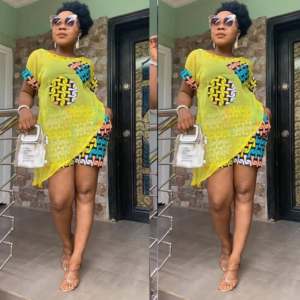 2021 Summer Women chiffon splicing irregular t-shirt print shorts suit two piece set fashion sporty tracksuit outfits