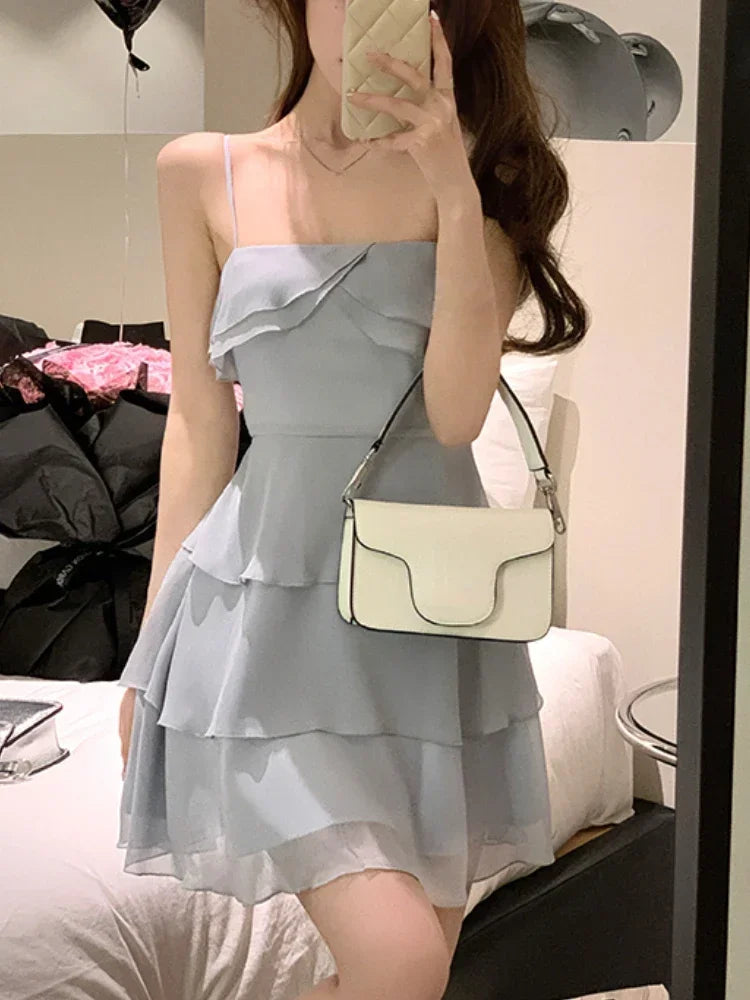 Aiertu Summer Elegant Formal Mini Dress Women Basic Sleeveless Chiffon Strap Dress Female Y2k Short Party Dress Solid Korean Chic Aiertu