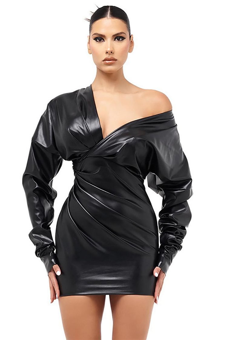 Wrap V Neck Ruched PU Leather Long Sleeve Mini Dresses