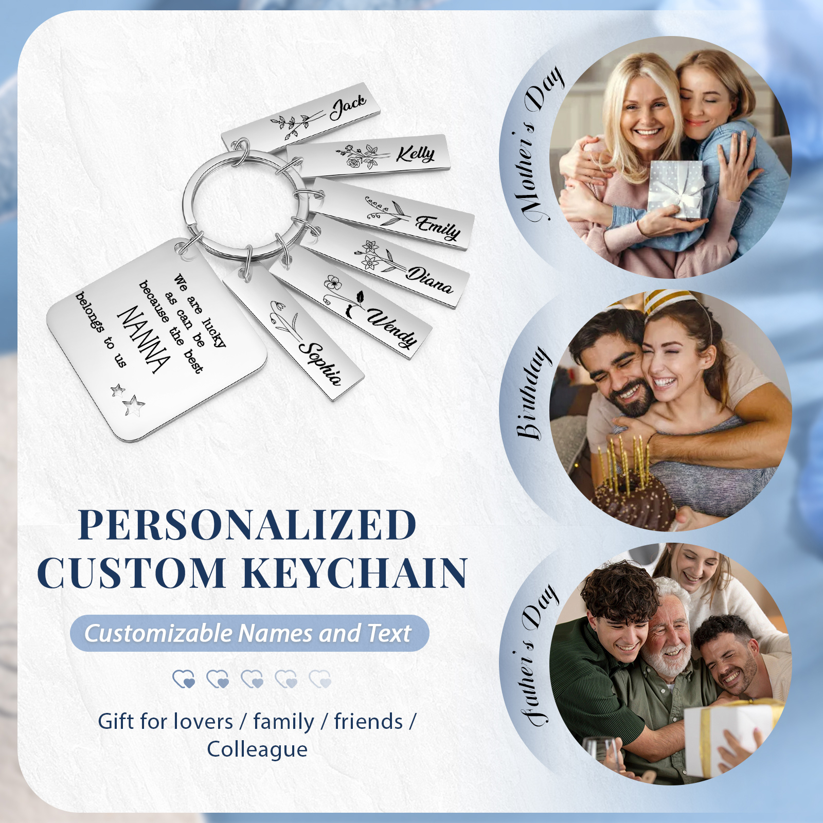 Personalised 6 Names & 6 Birth Flowers Keychain Custom Text Family Keychain Gifts for Mother/Grandma-Jessemade AU
