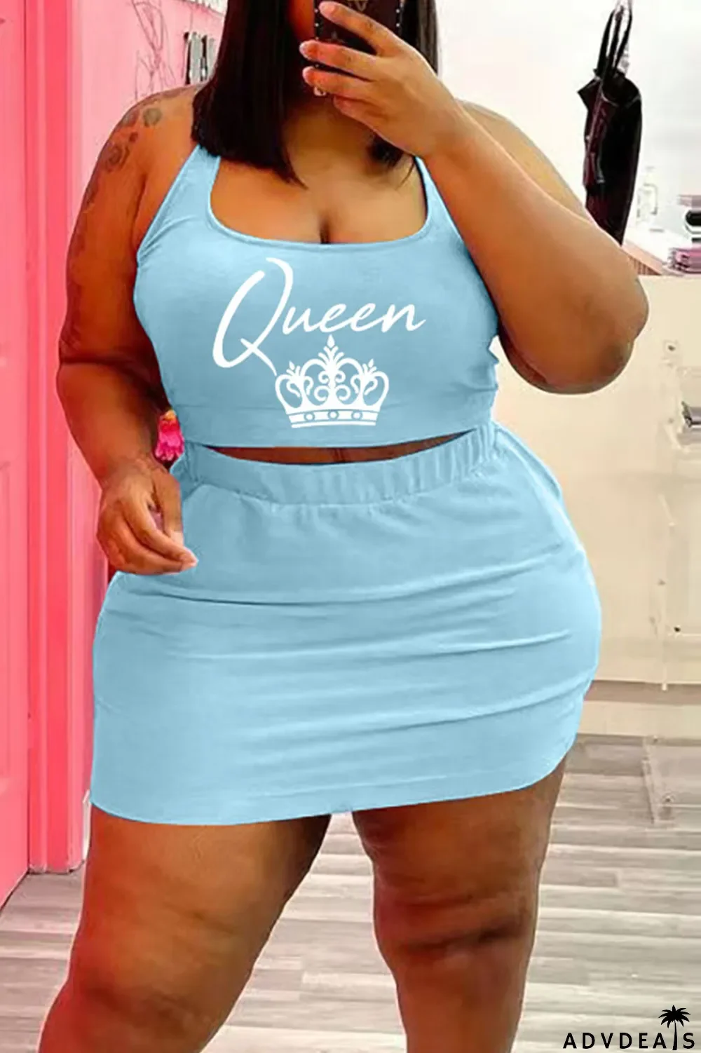 Blue Casual Print Split Joint U Neck Sleeveless Two Pieces