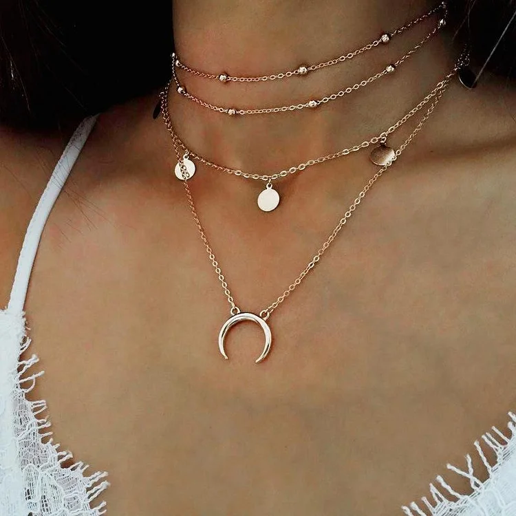Disc Moon Pendant Multilayer Ball Clavicle Necklace