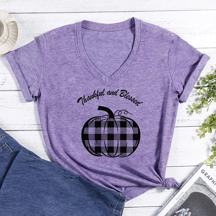 Thankful and Blessed V-neck T Shirt-Annaletters