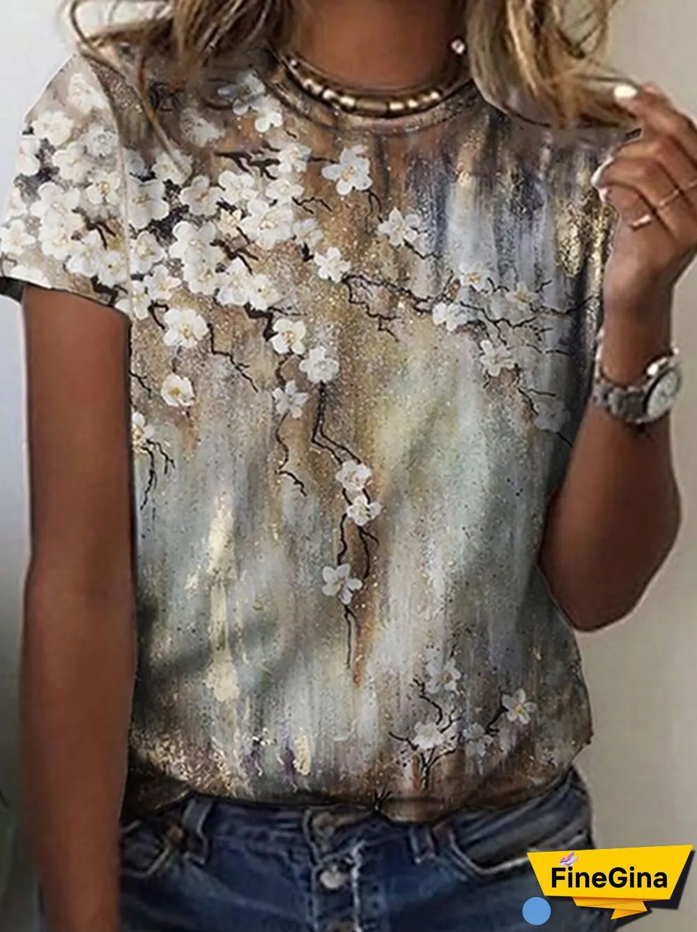 Casual Crew Neck Floral Short Sleeve T-Shirt