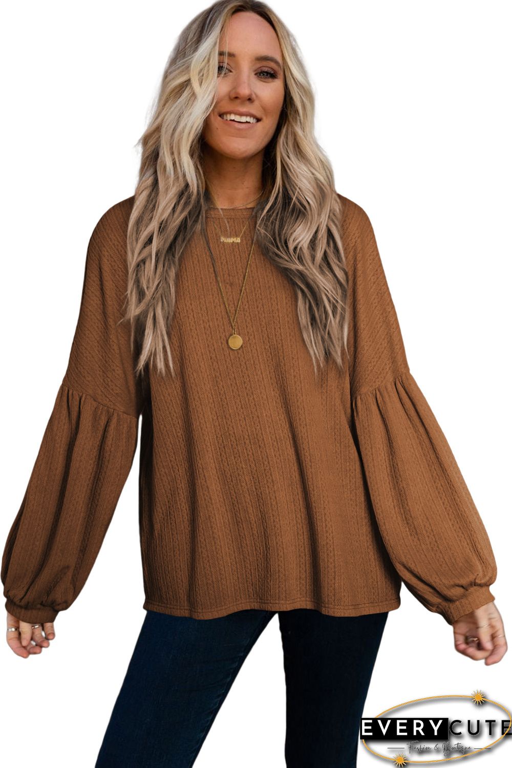 Orange Faux Knit Jacquard Puffy Long Sleeve Top