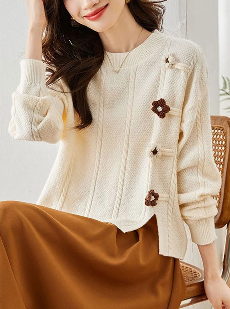 Classic Cew Neck Slit Pullover Knitted Sweater