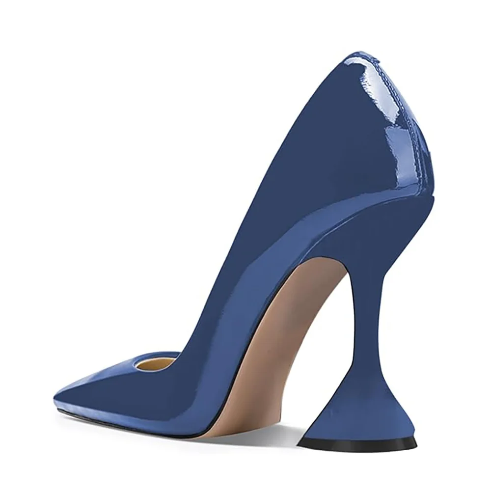 Patent Leather Pointed Toe Flared Heel Pumps for Women in Blue