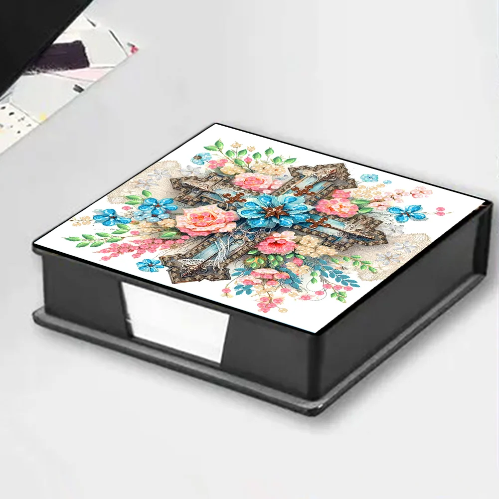 DIY Flower Cross Leather Diamond Art Note Box with 160 Sheets of Paper for Beginners