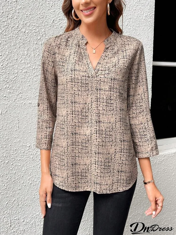 Women's Full Print Notch Neck 3/4 Sleeve Shirt