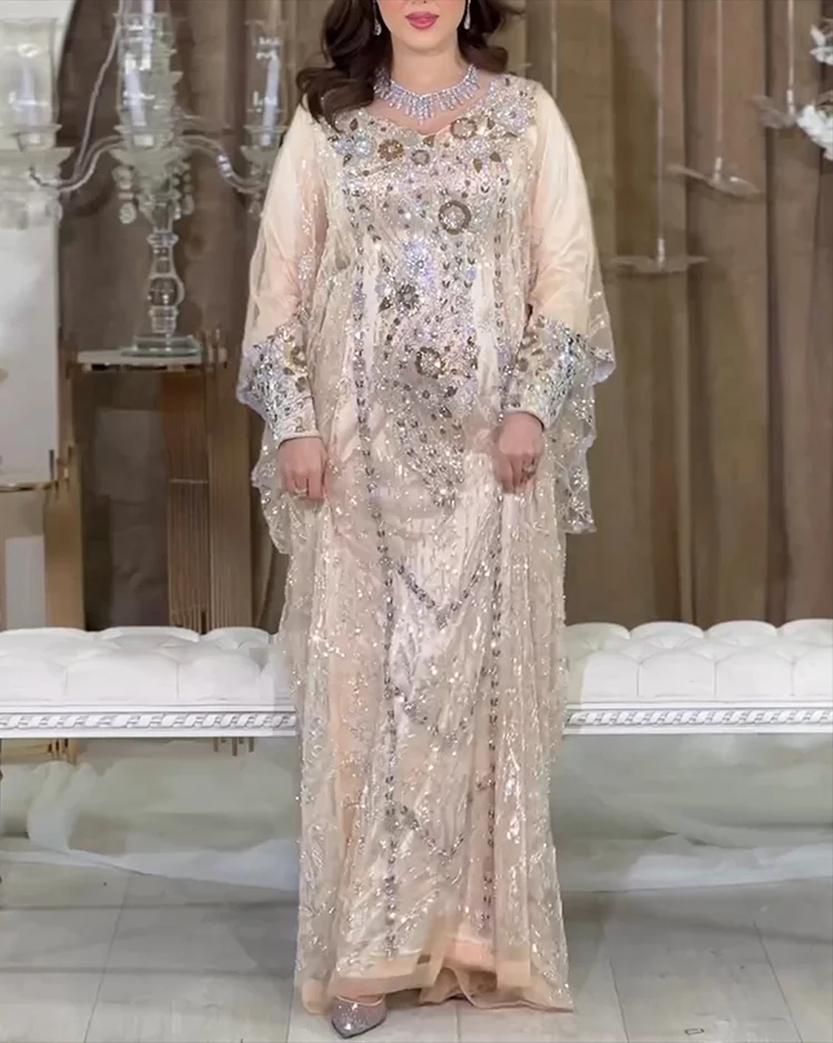 Women's Round Neck Mesh Embroidered Sequin Dress