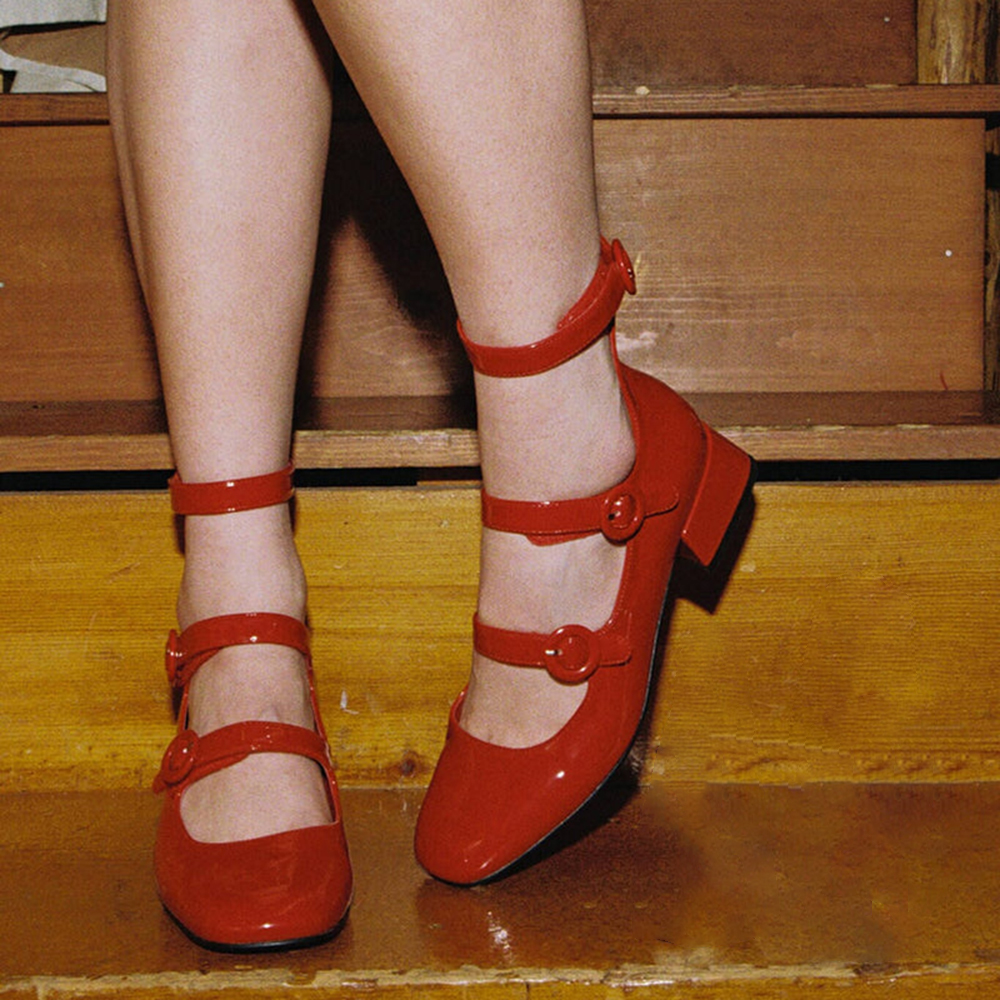 Red Patent Leather Closed Toe Chunky Heel Buckled Strappy Loafers Nicepairs