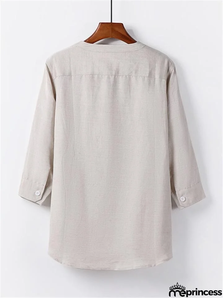 Mens Loose Comfy Linen Solid Color Long Sleeve T-Shirts