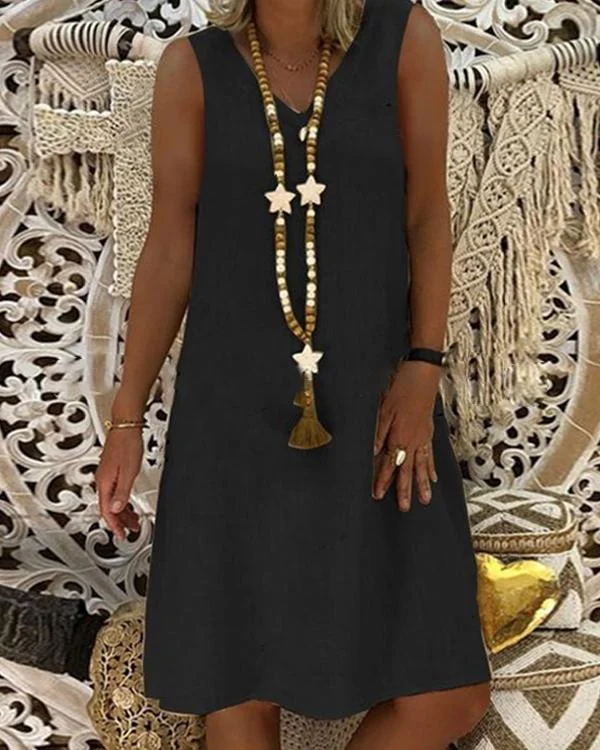 casual plain v neck sleeveless dress p117882