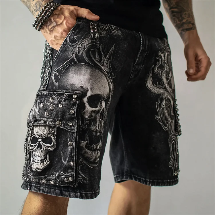 Men's Rock Style Skulls Art Studded Washed Cargo Shorts