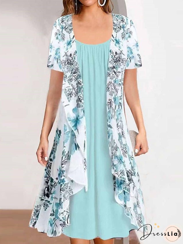 Two-piece dress set casual chiffon daily holiday fashion modern print midi crew neck short