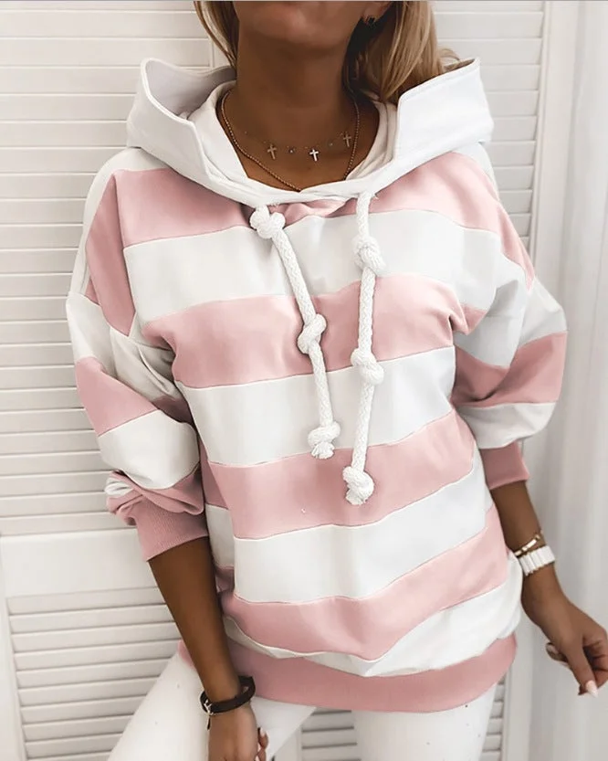 Women's Stripe Drawstring Hoodie Sweatshirt