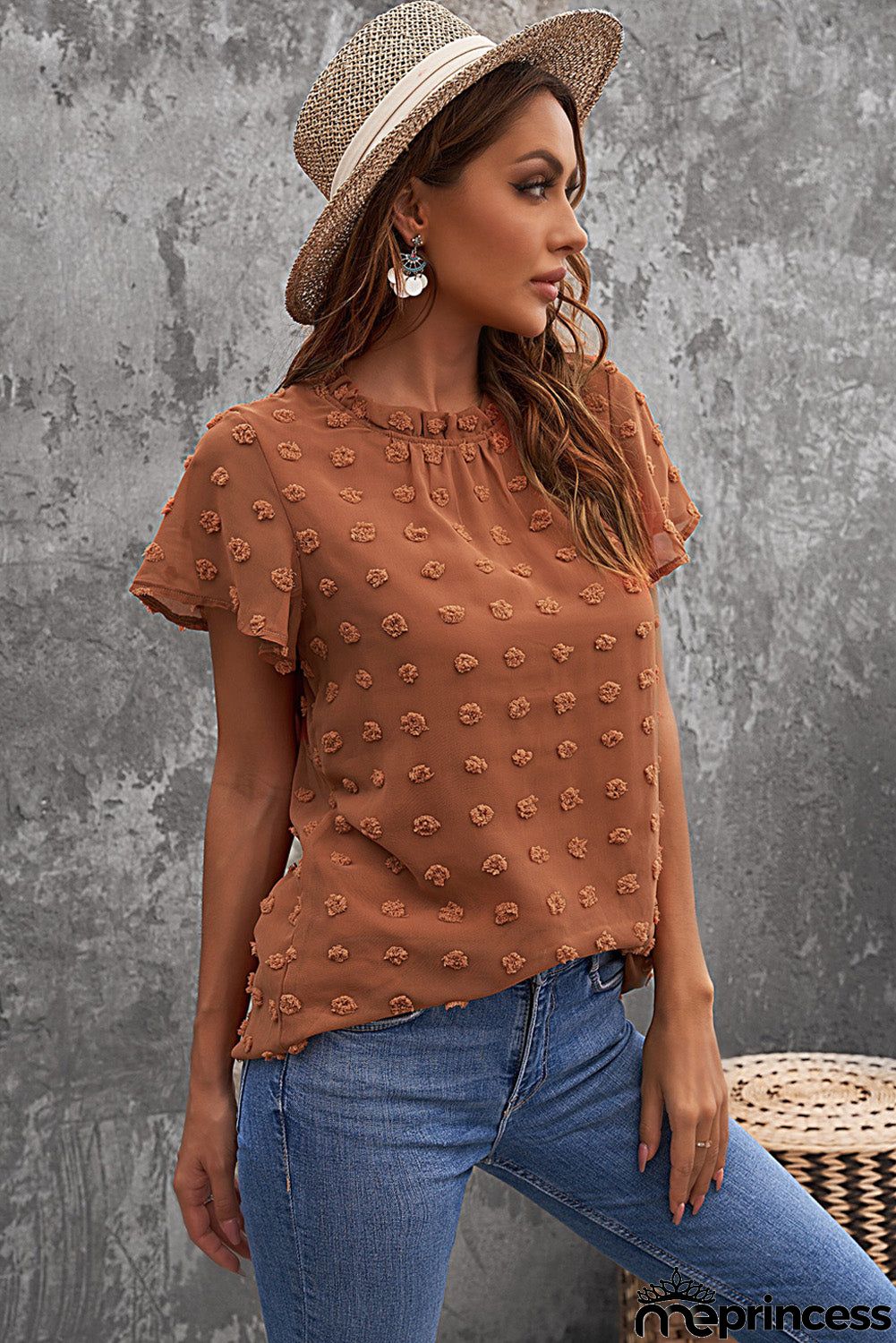 Brown Short Ruffled Sleeve Swiss Dot Blouse