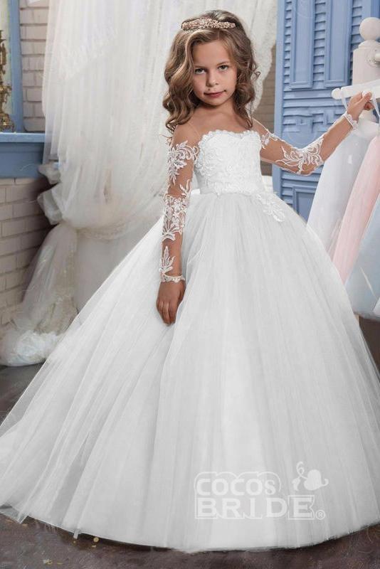 Oknass White Scoop Neck Long Sleeves Ball Gown Flower Girl Dress Tulle with Buttons