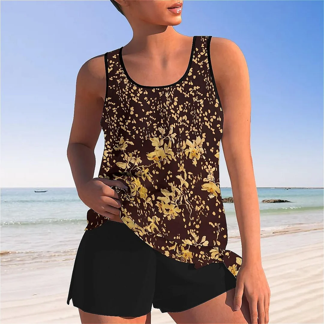Bowknot Black,Khaki,Floral Mid Waisted Tankini Set - Plus Size Available