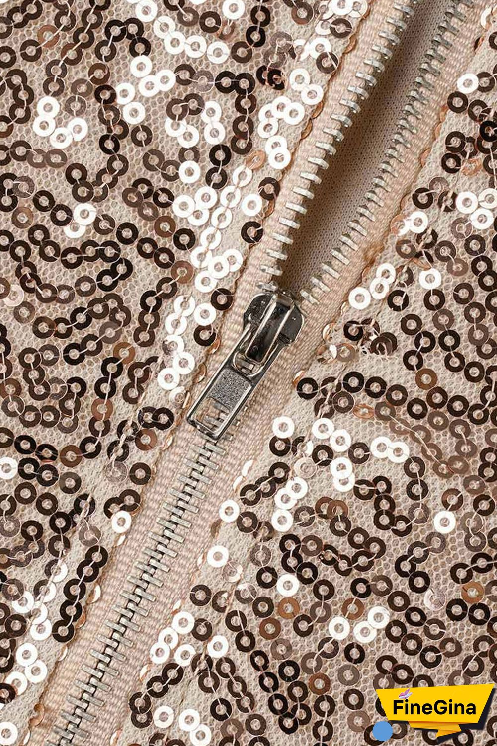 Champagne Sexy Solid Sequins Patchwork O Neck Long Sleeve Two Pieces