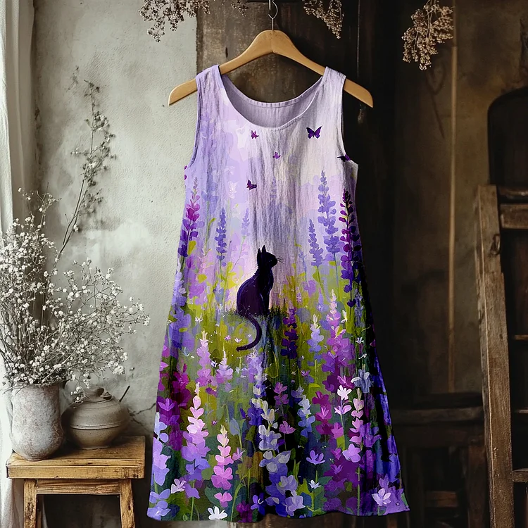 Black Cat & Flower Art Linen Tank Dress