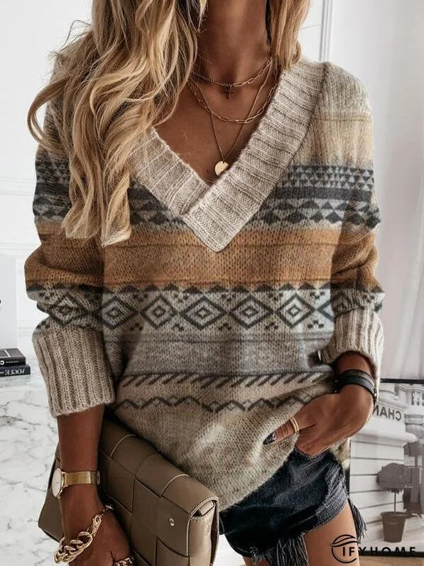 Women's Sweaters Vintage Printed V-Neck Long Sleeve Sweater | IFYHOME
